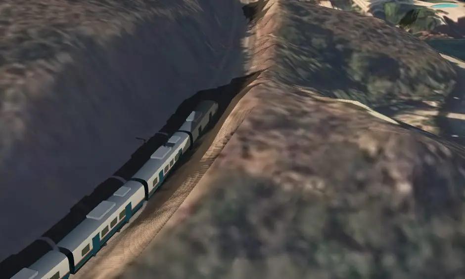 Aperçu de la vue 3D : un train longe la côte de l'Esterel, au pied des collines
